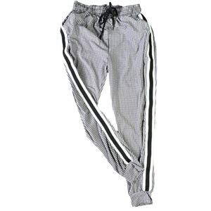 ALWAYS Women's Jogger Pants Black White Houndstooth Drawstring Striped Side